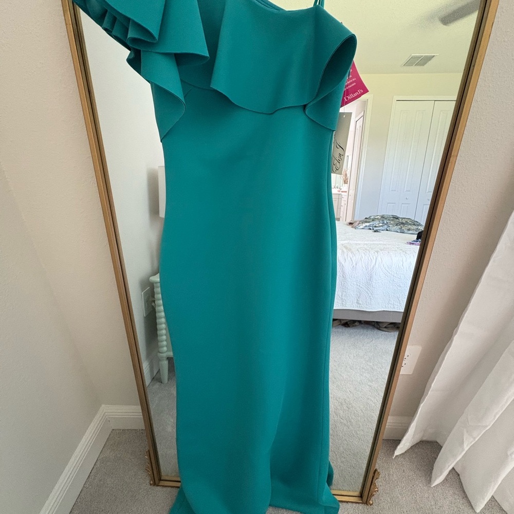 Eliza J One-Shoulder Teal Ruffle Column Gown
